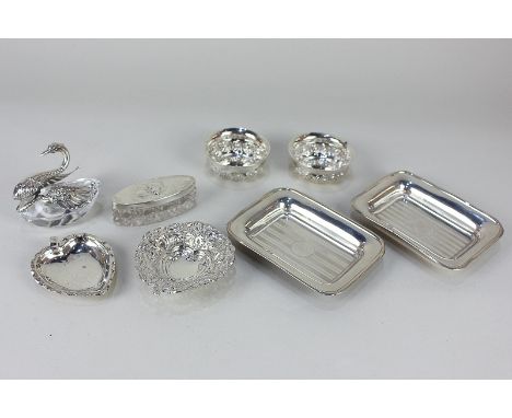 A pair of George V silver rectangular trinket dishes, Birmingham 1924, 11cm, a pair of Victorian silver small circular pots, 