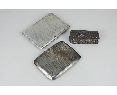 A George VI silver cigarette case, engine turned decoration with engraved initials, 13cm, A George V cigarette case with engr