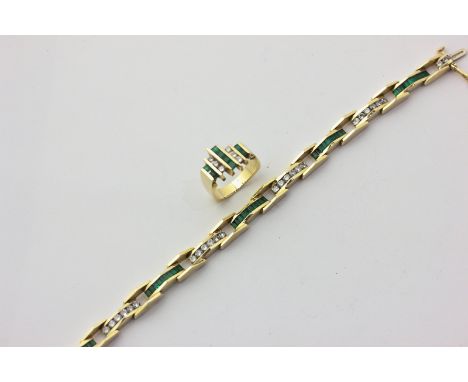 An emerald and diamond matching bracelet and ring, channel set with lines of baguette emeralds and round diamonds in 14ct gol