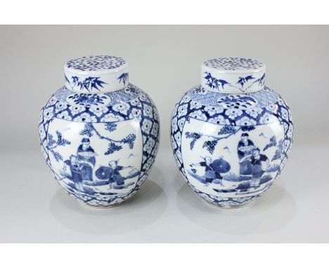 A pair of Chinese blue and white porcelain ginger jars, decorated with opposing panels of figures, on lozenge pattern field, 