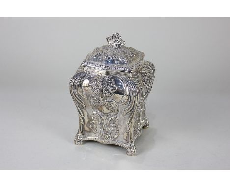 A Victorian silver tea caddy, square bombe form embossed with shells and scrolls, maker Thomas Bradbury, London 1896, 10oz, 1