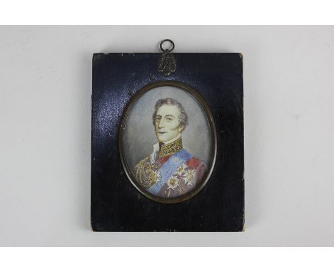A miniature portrait of the Duke of Wellington in oval mount, by repute given to Lord Seaton by the Duke, 8cm by 6cm