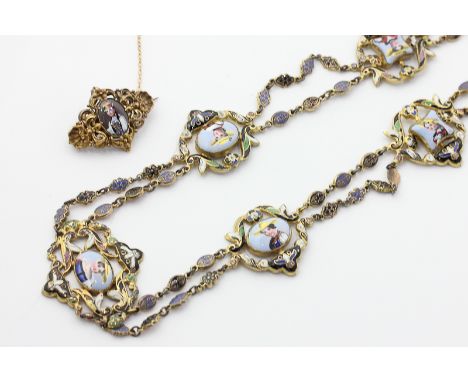 A 19th century Swiss enamel necklace with six graduated portrait panels, and a similar bar brooch with hair compartment