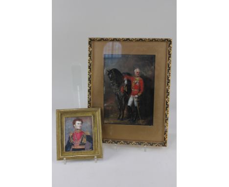 19th century school, military interest, portrait of Lord Seaton standing, in red cavalry uniform with horse, oil on board, 21