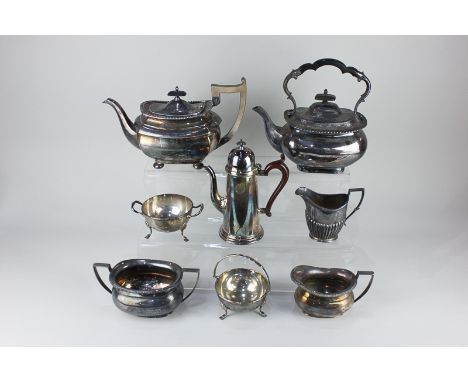 A Walker and Hall silver plated teapot,  a chocolate pot, circular two-handled sugar bowl and matching basket, on hoof feet, 