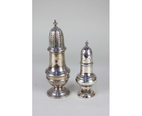 An Edward VII silver muffineer, baluster shape, Birmingham 1902, 2oz, 13cm and a modern silver sugar shaker, also of baluster