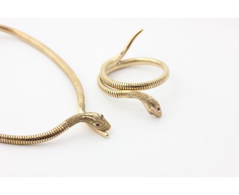 A 9ct yellow gold snake necklace with gem set eyes, and a matching bangle 54.2 g gross