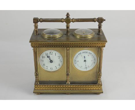 A brass and bevelled glass cased combination carriage clock, barometer and compass, the two circular dials within gilt mounts