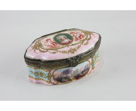 A French Sevres porcelain brass mounted dressing table box, the hinged lid with a portrait of a woman, two landscape panels o