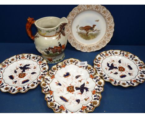 Three Royal Crown Derby plates, Asian rose patter with a Royal Worcester hand-painted plate and a John Peel musical jug.