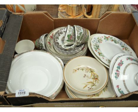 A large quantity of Plates and bowls including Indian tree bowls, two Indian Tree lidded vegetable dishes, Harvest plates and