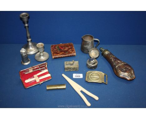 A box of miscellanea including copper powder horn, manicure set, brass snuff box, etc.