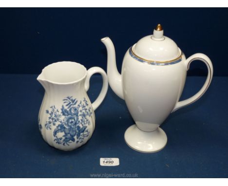 A large 20th c. 11" tall Wedgwood coffee pot 'Cantata' pattern plus a large 7" tall Royal Worcester fluted Jug in blue sprays