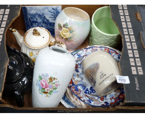 A quantity of china to include two Royal Albert 'Memory Lane' dinner plates, a Delft tile, miscellaneous plates,a Sadler teap