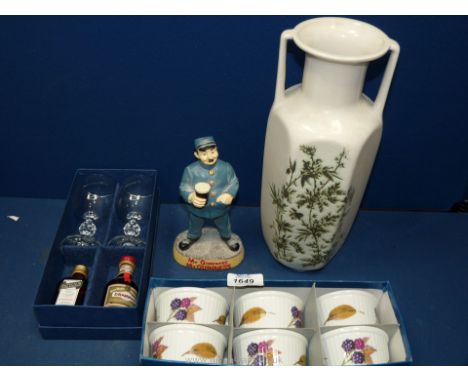 A boxed set of six Royal Worcester Evesham ramekins, boxed set of two glasses initialled Kenneth's and Anne's with a small bo