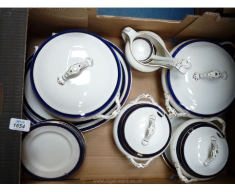 A quantity of white china with dark blue and gilded stripes, marked B &amp; L England including three serving plates, six sal