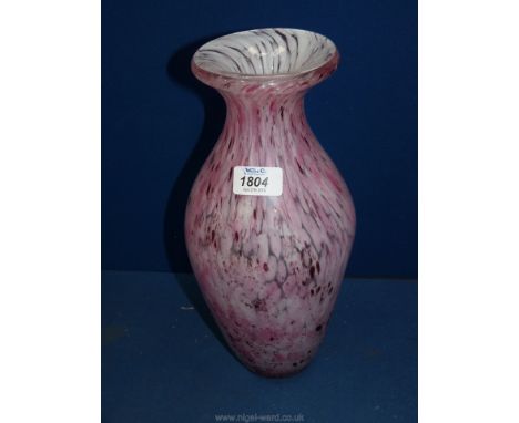 A very heavy glass Vase with random speckled splashes of maroon and pink with white inner elongated splashes, 12 3/4" high.