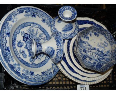 A quantity of blue and white china including Spode candlesticks and plates, Pratts 'Nature scenery' octagonal bowl, etc.