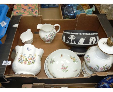 A large black Wedgwood jasperware footed egg bowl, Prattware dish, Wolvermann pinxt, Aynsley lamp base, two Aynsley Plates an