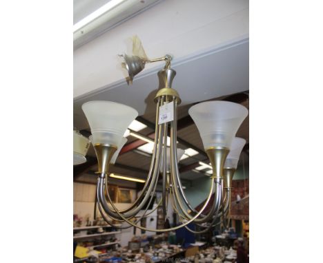 A five arm Chandelier ceiling light with glass shades.