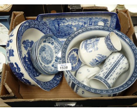 A quantity of miscellaneous china including Adderleys blue and white chamber pot, toothbrush holder and soap dish lid, all ma