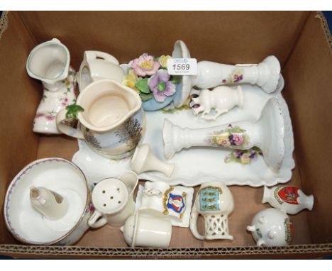 A quantity of china including trinket dish with matching candle holders, crested ware, etc.