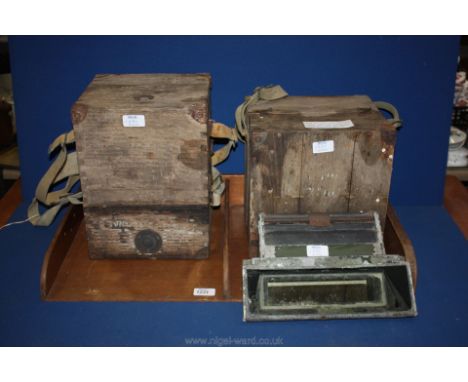 A vintage wood double Filing/display Tray and a military tank Periscope and pair of WWII Truvox field telephone loudspeakers 