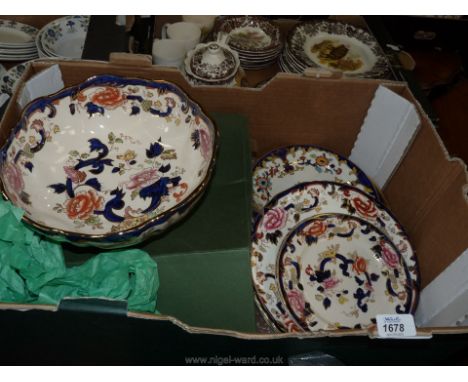 A quantity of Masons Mandelay china including lamp, large bowl and eight various plates.