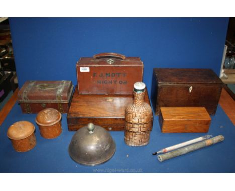 A wooden cutlery box a/f, small leather case, 19th c. wooden jewellery box with sections, very small tin trinket a/f,  butter