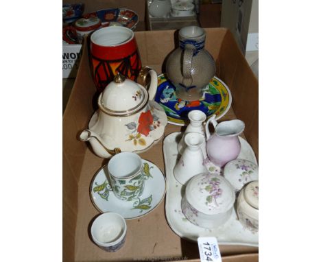 A quantity of china to include Goebel jug, Poole vase (hairline crack), dressing table set and small Palissy lidded pot.