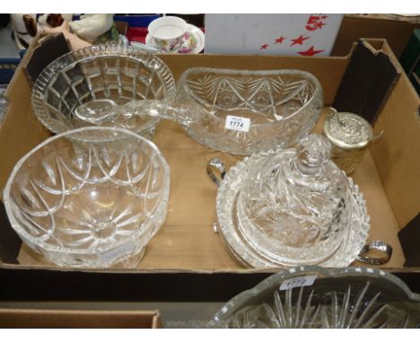 A cut glass Punch Bowl with ladle, cut glass fruit Bowl, boat shaped dish and cut glass covered Dish on Epns base, etc.