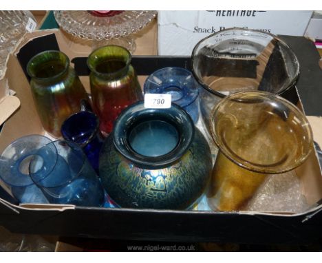 A quantity of coloured glass including pair of iridescent vases (some chips), pair of candy bud vases, Bristol blue jug, turq