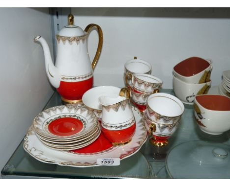 A Leonard St pottery vintage Coffee set including six cups, saucers, coffee pot, milk jug, sugar bowl and a sandwich plate.