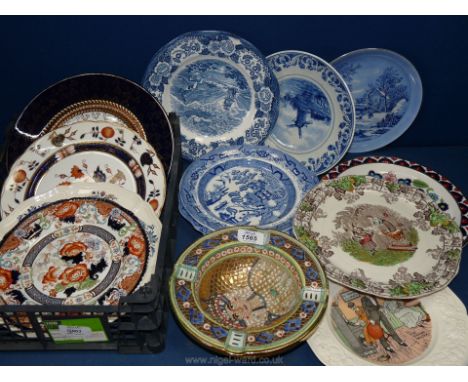 A quantity of plates including Staffordshire, Delft, Copeland Spode, Crown Ducal, etc. and an ashtray.