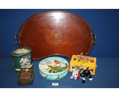 A Pelham puppet Cat, three tins and a kidney shaped tea tray (a/f).