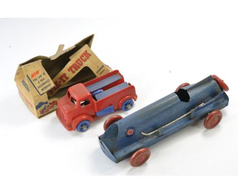Marx or similar vintage mechanical Land Speed Record Car plus Penguin Plastic 'Fix-it' Truck. Some signs of wear to both but 