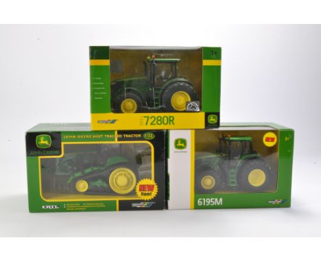 Britains 1/32 tractor trio comprising John Deere 8430T, 7280R and 6195M. Look to be without fault however possibly displayed 