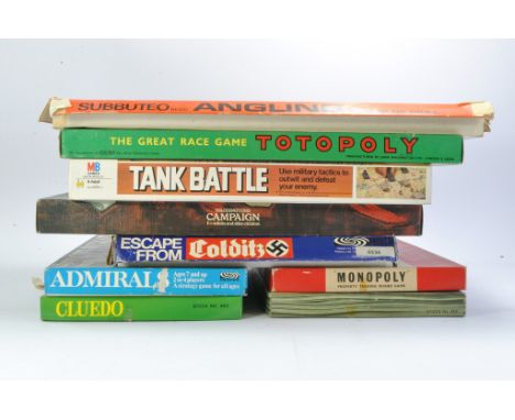 A group of vintage games including hard to find Subbuteo Angling (including 4 figures, 2 rods), Totopoly, Tank Battle, Campai