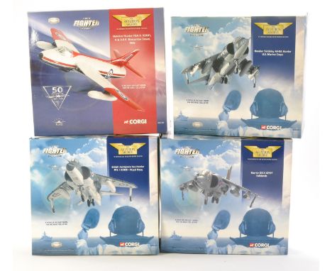 Corgi Diecast Model Aircraft group comprising 1) No. AA32703 Hawker Hunter FGA.9, 2) No. AA32401 Harrier GR.3 XZ997 Falklands