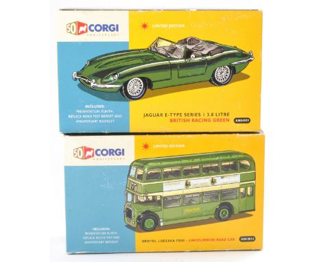 Corgi duo of limited edition 50th anniversary diecast issues comprising Jaguar E-Type and Bristol Double Decker (Lincolnshire