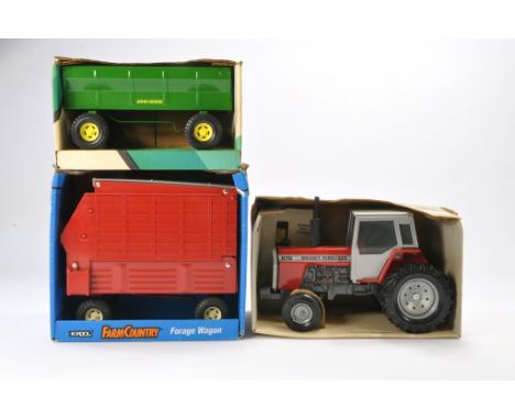 Ertl vintage 1/16 assortment of Tractor and Implement issues including Massey Ferguson 670 Tractor with Cab. All look to be e