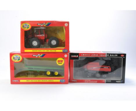 A trio of 1/32 Britains Farm Models issues comprising 1)  Massey Ferguson 1505 Tractor, 2) Twin Axle Flat Bed Trailer (Green)