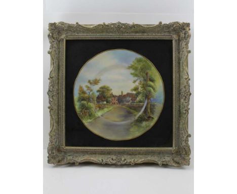 A ROYAL WORCESTER PORCELAIN PLATE, hand painted with a Tewkesbury scene, signed "J.Allen", plate 27cm diameter, ornate framed