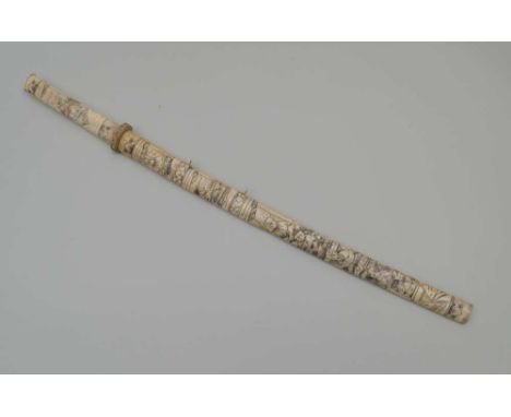 A JAPANESE SWORD with decoratively carved bone handle and scabbard, overall 81cm, (blade 43cm long) 