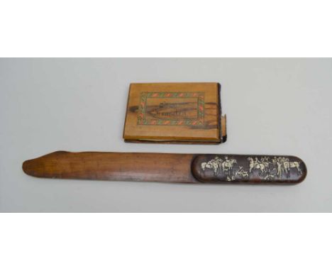 A "JERUSALEM" OLIVE WOOD BOUND ALBUM "Flowers of The Holyland" and a polished wood hunting scene embossed PAGE TURNER (2) 