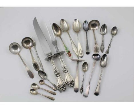 A STERLING SILVER HANDLED CARVING KNIFE AND FORK, together with a mixture of Sterling and hallmarked SILVER FLATWARE includes