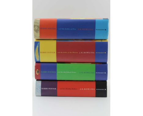 THE LAST FOUR VOLUMES IN THE "HARRY POTTER" SERIES BY "J.K. ROWLING", each being a first edition to include the misprint "Hal