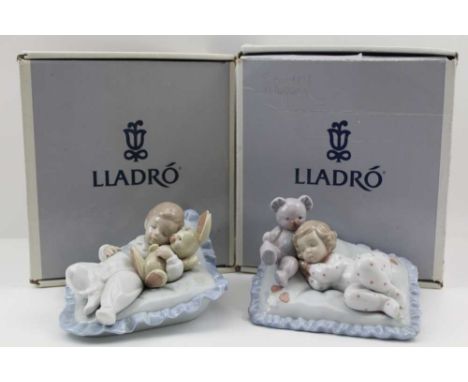 TWO LLADRO PORCELAIN FIGURINES, "Counting Sheep", Reference No.06790 and "Taking a Snooozzze", Reference No. 06791, both in o