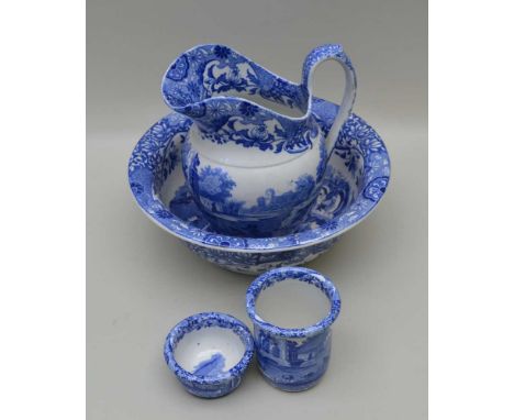 A FOUR PIECE COPELAND SPODE ITALIAN PATTERNED BLUE &amp; WHITE TRANSFER DECORATED TOILET SET, 28cm diameter of bowl 