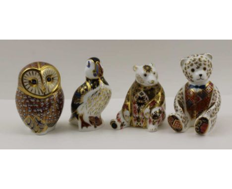 A COLLECTION OF FOUR "ROYAL CROWN DERBY" CERAMIC PAPERWEIGHTS, decorated in the Imari palette, to include; owl, bear, puffin 